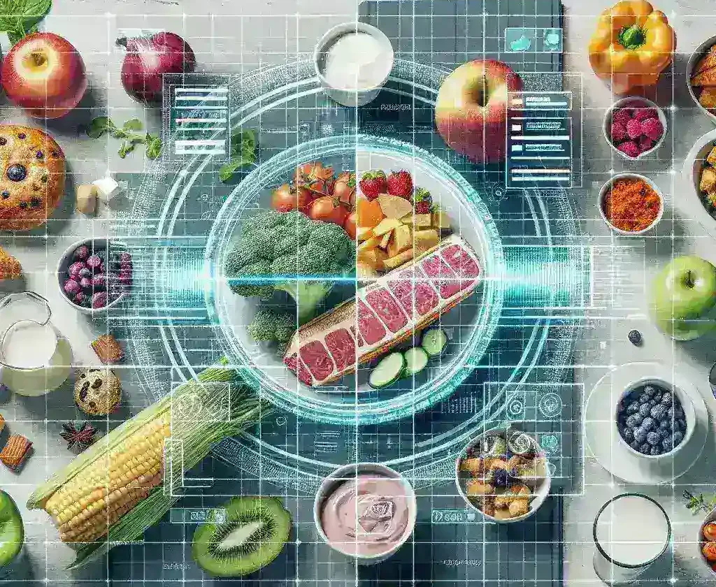"An image depicting a close-up of a smartphone analyzing food items using nutritional analysis software, showcasing the innovative application of photography in dietary assessments within the context of Sistemas de análisis nutricional."