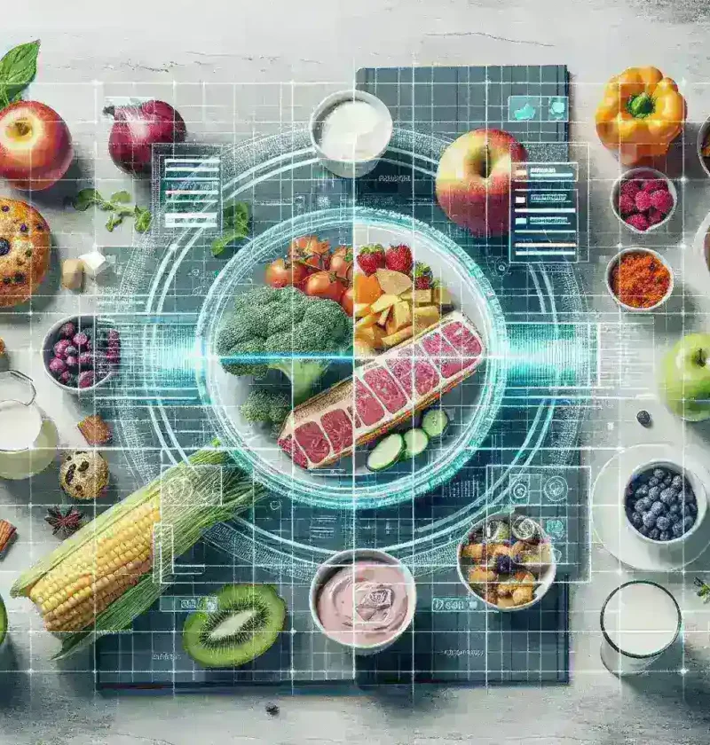 "An image depicting a close-up of a smartphone analyzing food items using nutritional analysis software, showcasing the innovative application of photography in dietary assessments within the context of Sistemas de análisis nutricional."