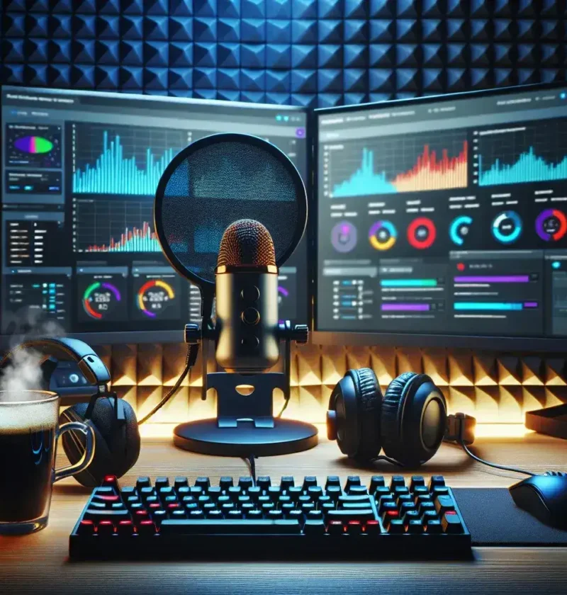 "Configuraciones óptimas para transmisión en Twitch: un streamer ajustando su equipo de transmisión en un entorno de juego profesional con varios monitores y micrófonos."