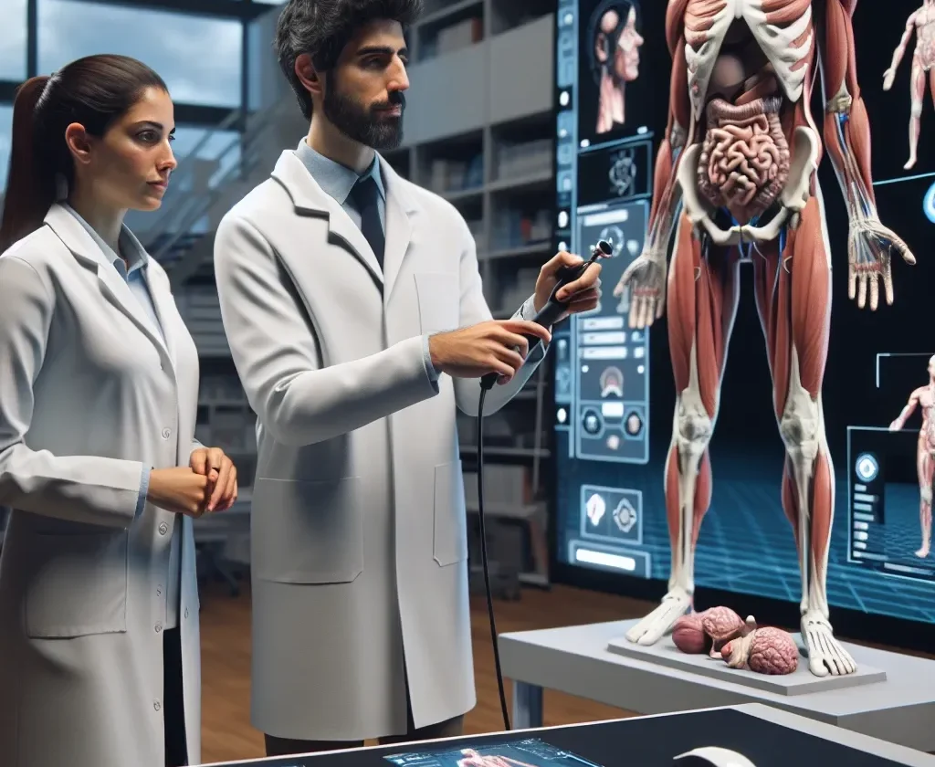 "Estudiantes de medicina en universidades españolas utilizando simuladores virtuales para aprender procedimientos médicos en un entorno de realidad aumentada."