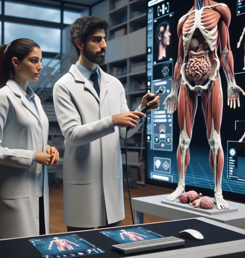 "Estudiantes de medicina en universidades españolas utilizando simuladores virtuales para aprender procedimientos médicos en un entorno de realidad aumentada."