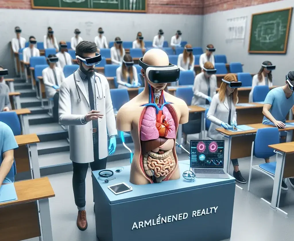 "Estudiante de medicina utilizando simulador de realidad aumentada en universidad española para formación médica avanzada"