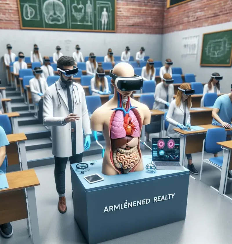 "Estudiante de medicina utilizando simulador de realidad aumentada en universidad española para formación médica avanzada"