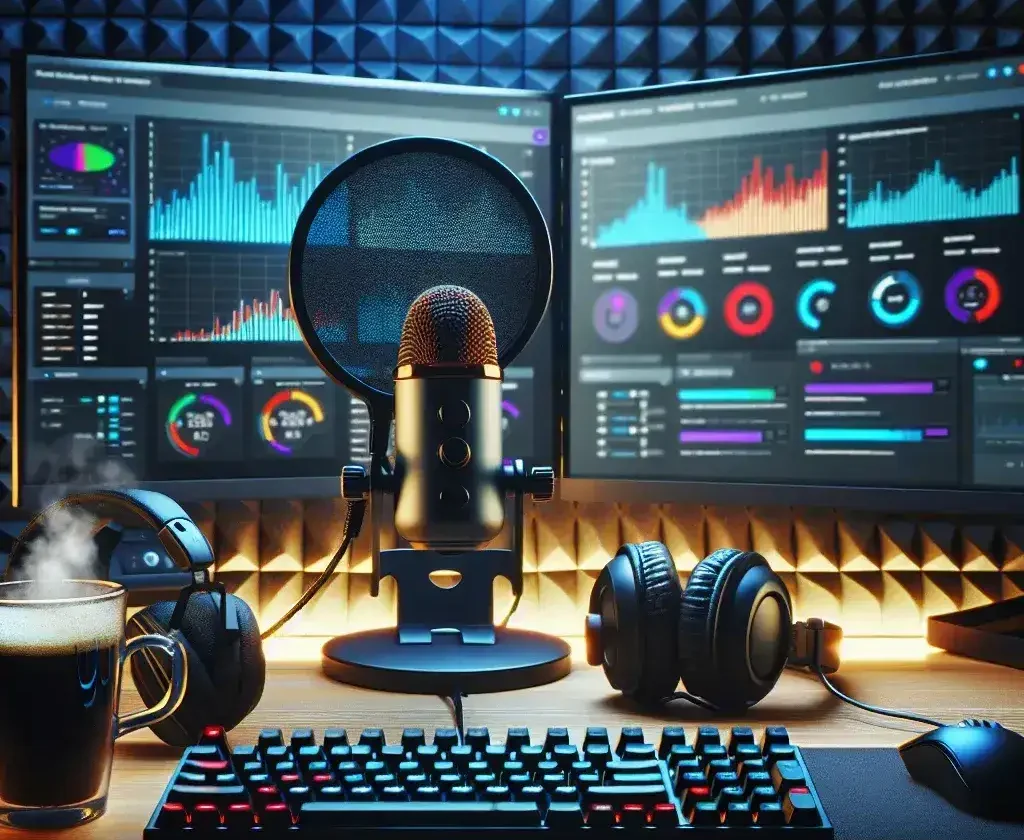 "Configuraciones óptimas para transmisión en Twitch: un streamer ajustando su equipo de transmisión en un entorno de juego profesional con varios monitores y micrófonos."