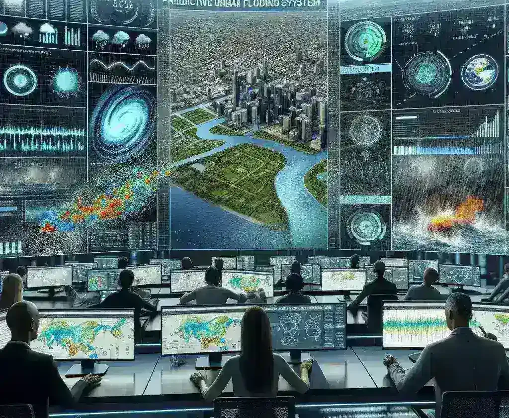 "Imagen del sistema predictivo de inundaciones urbanas con inteligencia artificial en la Comunidad Valenciana, mostrando un mapa interactivo y datos en tiempo real para prevenir desastres naturales."