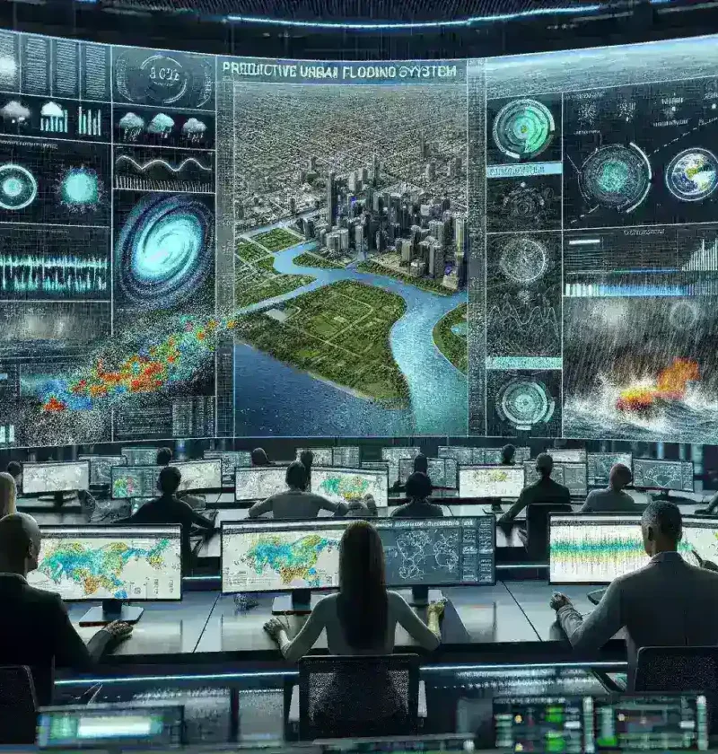 "Imagen del sistema predictivo de inundaciones urbanas con inteligencia artificial en la Comunidad Valenciana, mostrando un mapa interactivo y datos en tiempo real para prevenir desastres naturales."